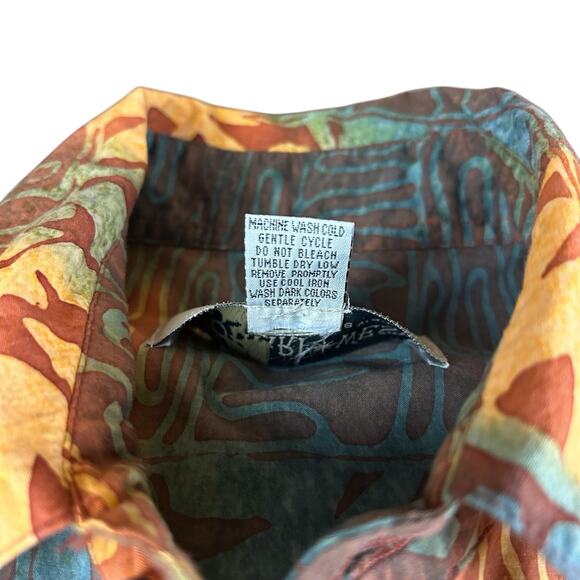 Johari West Shirt Men Sze L Teal Yellow Multi Batik Geometric Hawaiian Button Up - Picture 8 of 8
